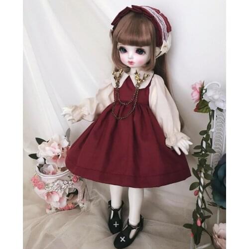 New BJD Doll Clothes Dress for 1/3 1/4 1/6 Lovely wine red dress Lolita headdress deer Brooch doll accessories