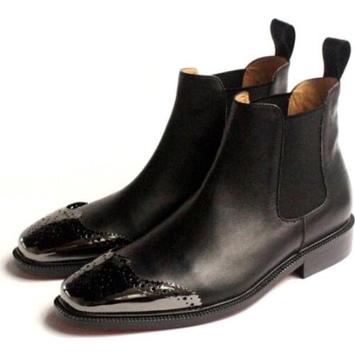 New fashion square toes men ankle boots formal handmade genuine leather men shoes slip on solid metal black mens boots