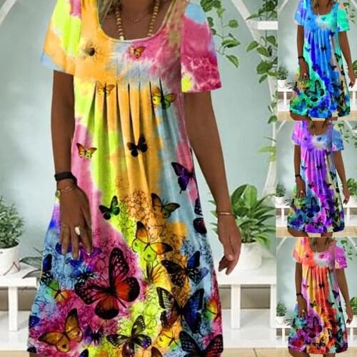 Plus Size Summer Vintage Floral Print Women Dress Short Sleeve Casual Midi Dresses Female Fashion Tie Dye Sundress Vestidos New