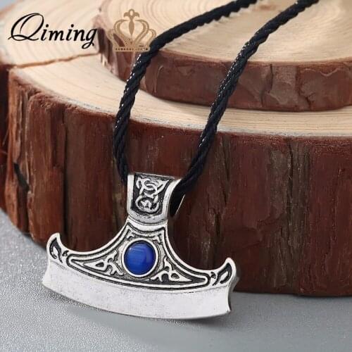 QIMING Axe Of Perun With Axe Pendant Blue Stone Necklace Sekira Perun Viking Men Jewelry Viking Nordic Talisman Collier