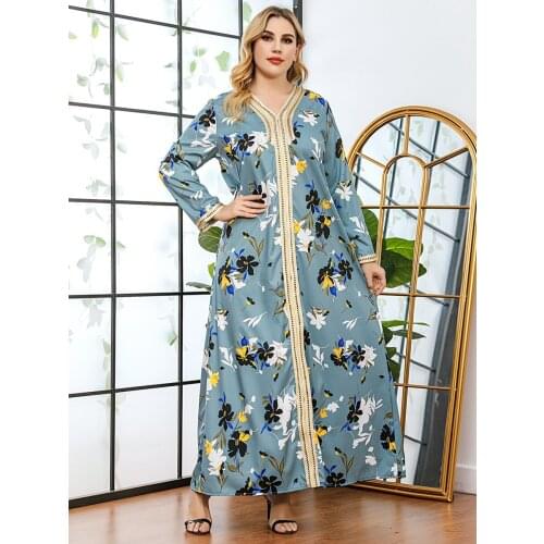 Plus Size Dubai Abaya Maxi Long Dress Women 2021 Summer Long Sleeve Floral Print Casual Dress Moroccan Kaftan Islamic Clothing