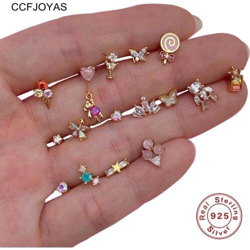 CCFJOYAS 100% Real 925 Sterling Silver Colorful Zircon Mini Cute Stud Earrings Simple INS 18k Gold Studs Earring Wholesale