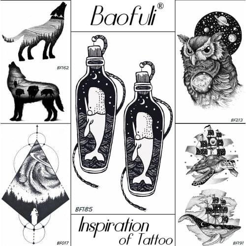 Baofuli Draw Owl Whale Fake Tatoo Planet Temporary Tattoos Sticker Galaxy Bottle Turtle Star Black Tattoo Ocean Men Body Women