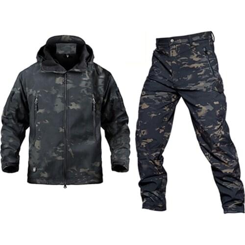 Outdoor Tactical Military Jacket Men TAD Softshell Fleece Camouflage Waterproof Jacket + Pants Camping Hiking Hunting Sport Suit