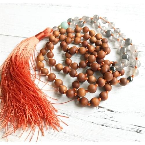 High Quality sandalwood 108 Mala Beads Necklace Grey Quartz Wooden beads Mala Meditation Jewelry Knotted Tassel Necklace Yoga
