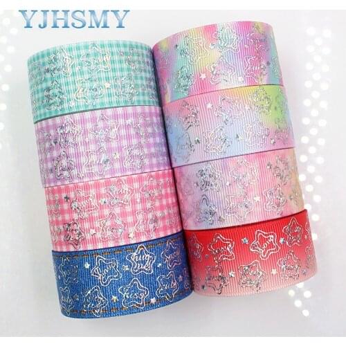 YJHSMY G-18609-385,25 mm 5 Yards laser Silver star love Printed grosgrain ribbon DIY headdress wedding gift wrap material