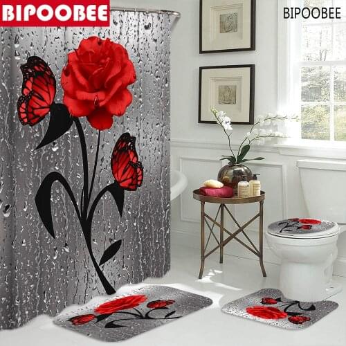 Red Butterfly Rose Bathroom Curtains Water Droplets Shower Curtain Pedestal Anti-slip Carpet Toilet Lid Cover Bath Mats Rugs
