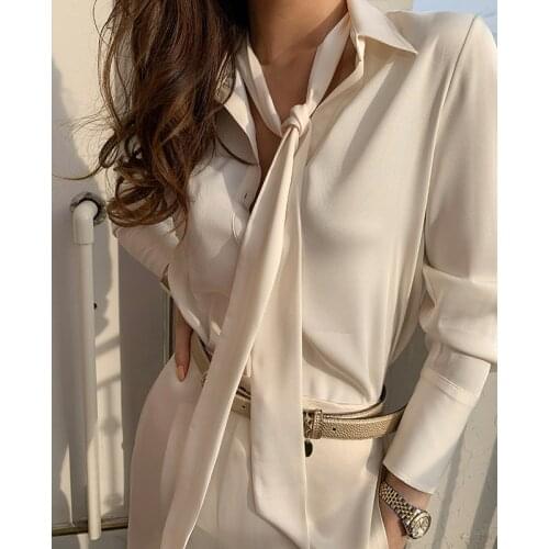 Chic Ladies Satin Turn-down Collar Blouse Fashion Lace-up Single-breasted Long Sleeve Loose Shirt Women 2021 Autumn Solid Tops