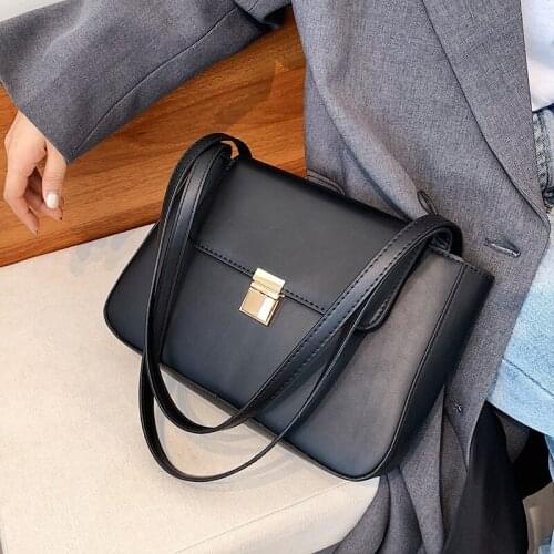 Vintage Solid Color PU Leather Shoulder Bag for Women 2021 Autumn Trend Handbag and Purse Female Simple Briefcase Crossbody Bags