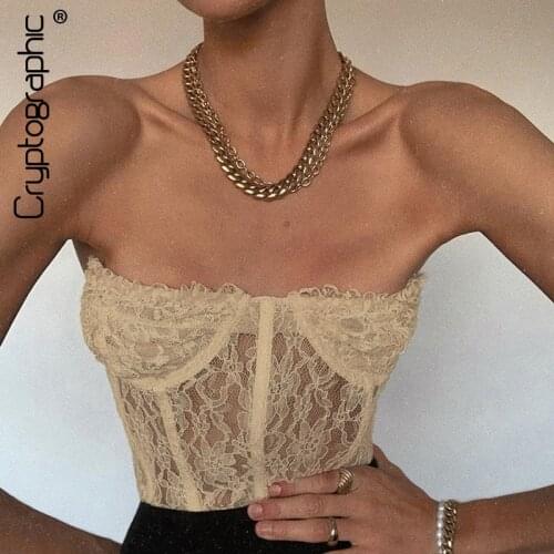 Cryptographic Strapless Mesh Lace Sheer Crop Tops for Women Sexy Backless Sleeveless Cropped Feminino Tops Underwear