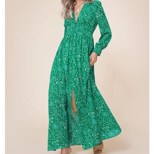 YENKYE New Women Floral Print Green Long Dress Female V Neck A-line Holiday Ladies Dress Sexy Slits Summer Vestido