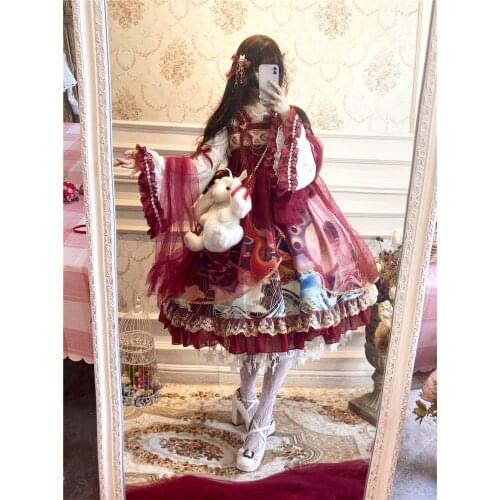 Chinese Dragon Print Hanfu Theme Womens Lolita Long Sleeve Dress Red Pearl Chain Pendant Gorgerous One Piece