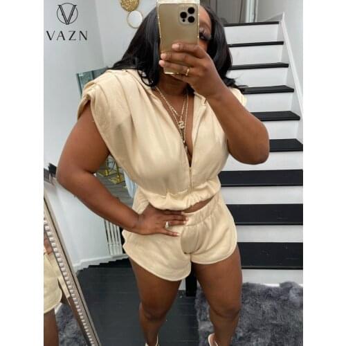 VAZN 2021 Early Autumn Daily Solid High-end Hooded Full Sleeve Short Pants Sexy Young Nature Slim Women 2 Piece Set