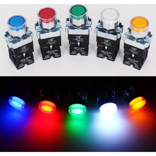 22mm XB2 Button Switch with Neon Lamp 1no / NC 12V 24V 36V 110V 220V 380V Green, Red, Yellow, Blue and White