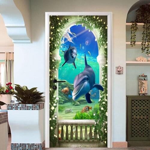 3D Rome Column Undersea World Door Sticker Kids Bedroom Home Decor Wall Decals PVC Self-Adhesive Waterproof Home Design Poster