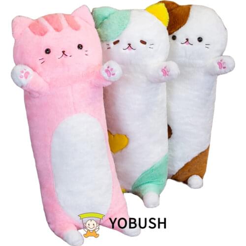 80cm Three Colors Long Cat Bolster Stuffed Fuzzy Plush Toy Cute Pink Coffee Green Soft Animal Doll Children Present