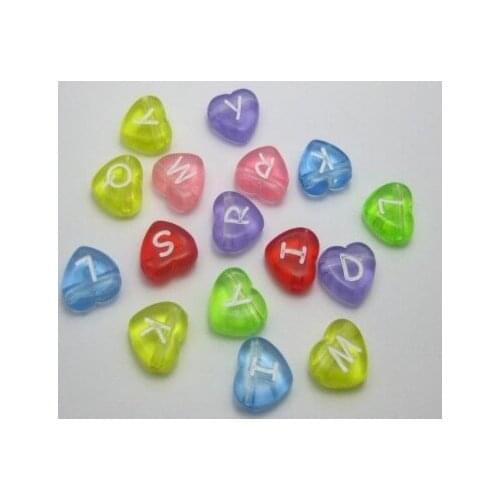 Mixed Colors Wholesale 50 Alphabet Acrylic Heart Spacer Loose Letter Beads Transparent color 11x12mm ZM-39