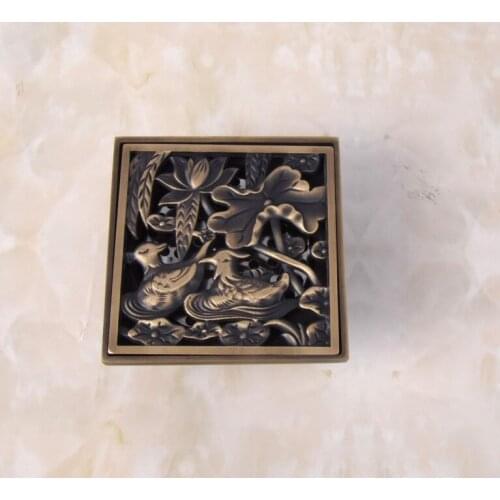Antique Brass Carved Double Duck Pattern Bathroom Shower Drain 4" Square Floor Drain Waste Grates ahr036