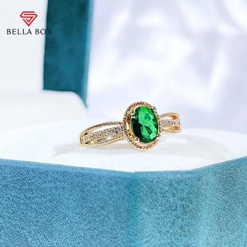 Bella Box Classic 925 Sterling Silver Women Ring With Oval Shape Emerald Gemstone Adjust Size Silver Wedding Party Jewelry Gift
