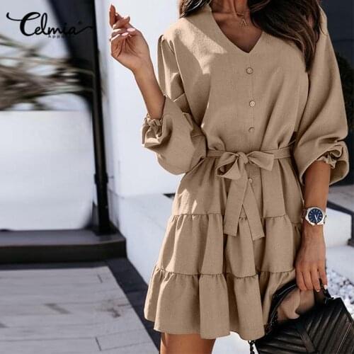 Elegant V-neck Ruffles Bohemian Dress Celmia Women Belt Sexy Mini Dress 2021 Autumn High Waist Casual Solid Party Vestido Robe 7