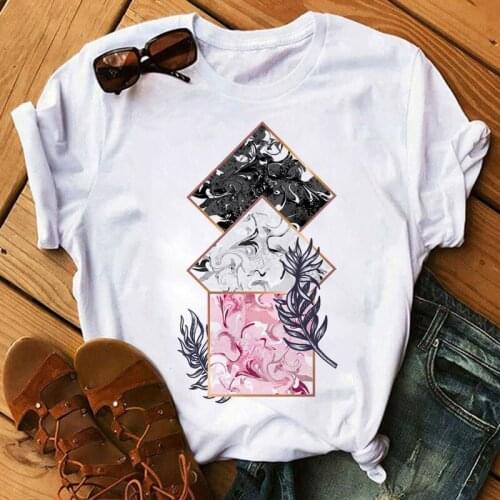 Geometric Flower Print T Shirt Women Casual T Shirt Tops Female Ladies Harajuku Cute Graphic Tee Shirt Woman Short Sleeve Tee