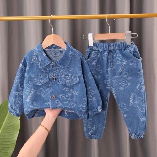 0-4 years old autumn and winter new boys' cute bear print Denim Long Sleeve suit solid color childrens two piece top + pants
