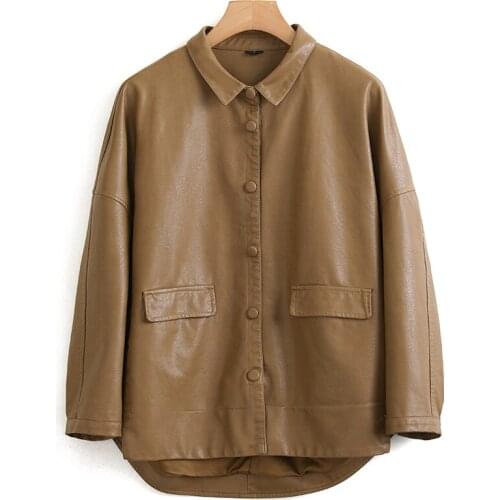 New Casual Female Faux Leather Coat Women Fashion Loose Brown Leather Jackets Single Breasted Short Black PU Leather Top