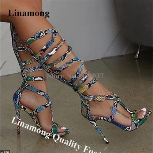 Linamong Summer Sexy Snake Leather Knee HIgh Stiletto Heel Gladiator Boots Strap Cross Long High Heel Sandal Boots Dress Heels