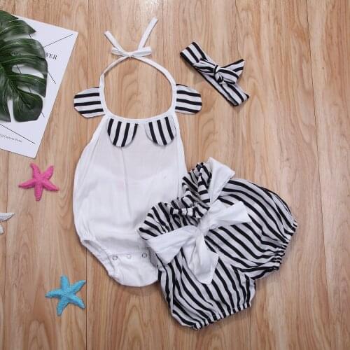 Cute Kids Baby Girl Summer Halter Clothes Sunsuit Toddler Girls Crop Tops Romper+Striped Shorts Headband 3Pcs Outfit Set Clothes