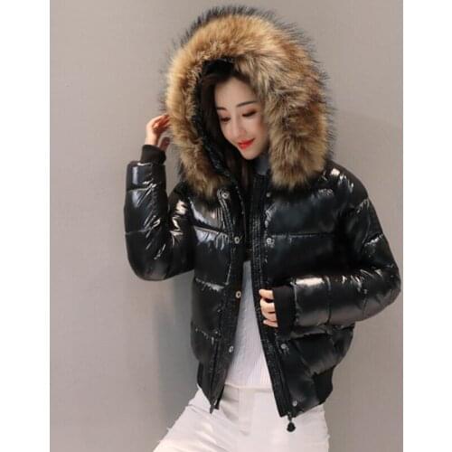 Fashion Winter Jacket Women Big Fur Hooded Thick Down Parkas Glossy Female Jacket short Coat slim Warm Winter Outwear 2020 New