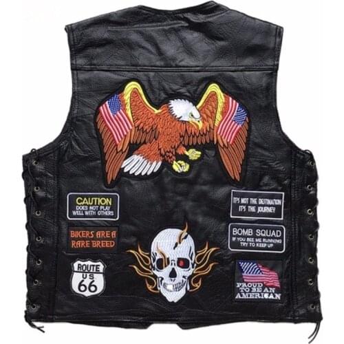 Letter Embroidery Motorcycle Leather Vest Men Spring New Fashion Punk Sleeveless Jacket V Neck Plus Size Waistcoats 14 Patches