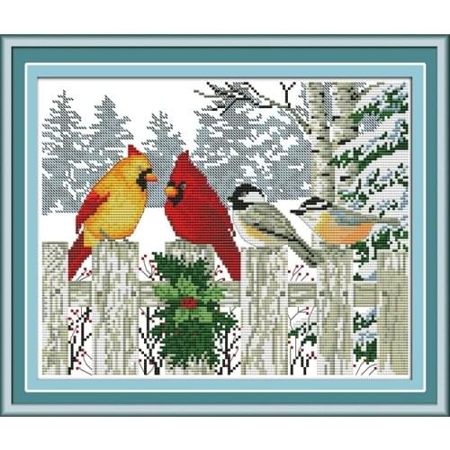 Needlework Cross stitch Sets For Embroidery kits 14ct 11ct Printed Cotton Thread Birds on the fence in winter Cross-Stitching