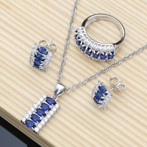 Natural Blue Cubic Zirconia White CZ Jewelry Set Women 925 Sterling Silver Jewelry Earring/Pendant/Necklace/Ring