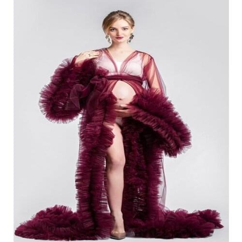 Pregnant Night Gown Illusion Bride Sleepwear Robes Tulle Custom Made Long Sleeves Dressing Gown Women Sexy Sleepwear Dresses