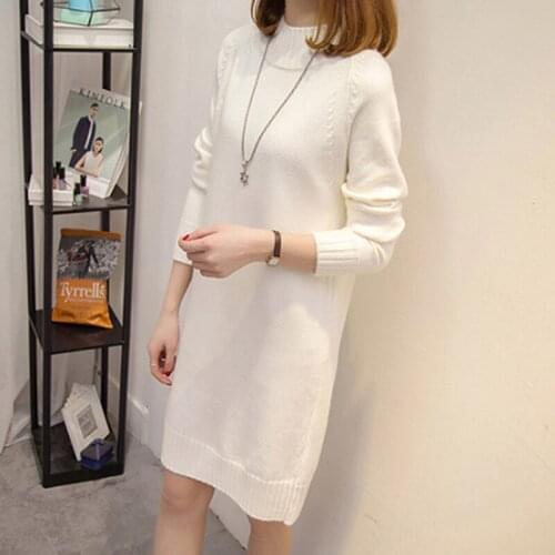 New Autumn Solid Color Knitted Cotton Sweater Dresses Women Fashion Loose O-neck Pullovers Female Knitted Dress Vestido Feminino