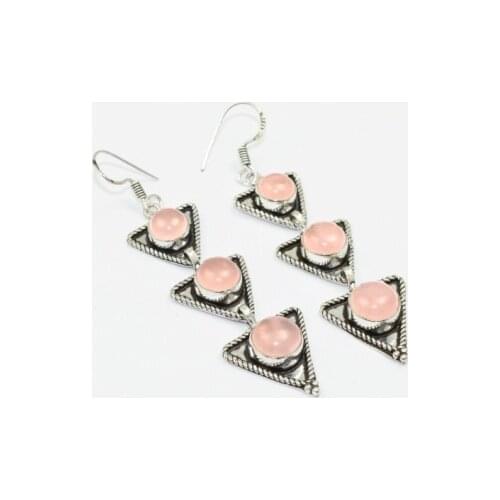 Rose Quarts , 77 mm, Silver Overlay on Copper Earrings, E1882