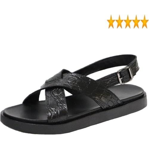 Leather Mens Sandal Thick Genuine Bottom Gladiator Cross Buckle Strap Open Toe Roman Sandals Summer Outside Beach Shoes