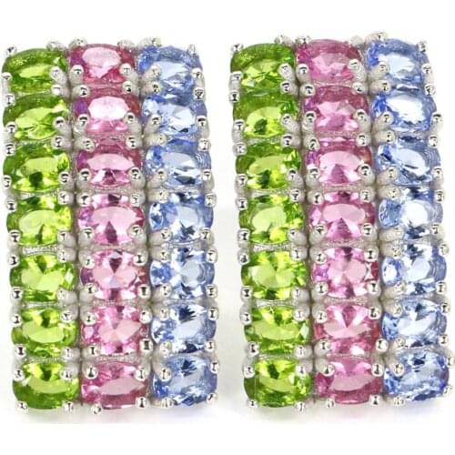 23x13mm Multi Color 5.6g Created Peridot Tourmaline Tanzanite Amethyst Kunzite Real 925 Solid Sterling Silver Earrings