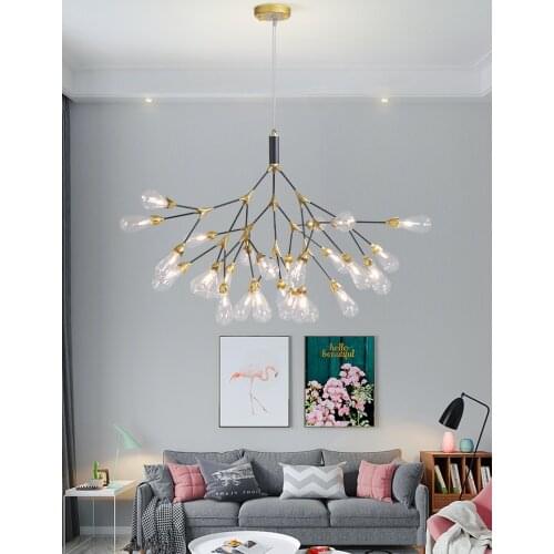 Modern Firefly LED Chandelier Light Nordic Tree Branch Glass Ball Pendant Lamp for Living Room Kitchen Bedroom Decorative Lustre