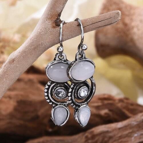 Vintage Imitation Moonstone Brincos Dangle Silver Color Earrings for Women Wedding Jewelry Boho Statement Earring