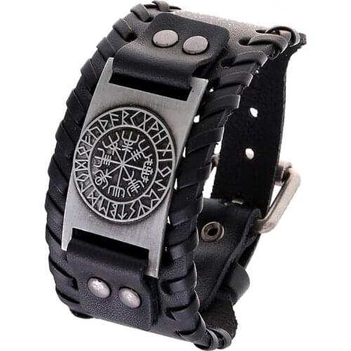 Vintage Viking-Compass Leather Bracelet For Man Nordic-Runes Odin-Symbol Wrap Bangle Jewelry Accessories Gift