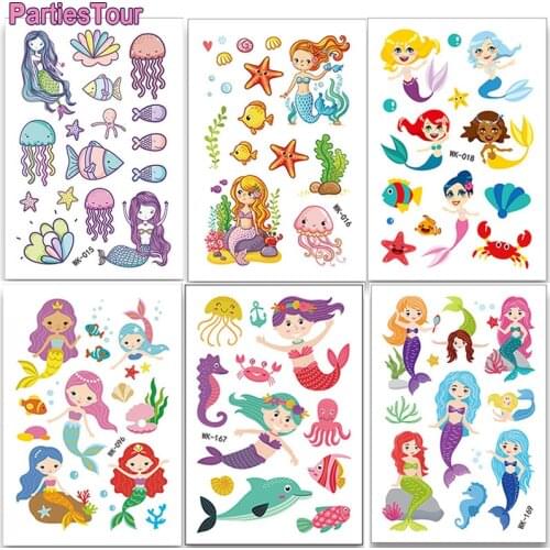 Small Temporary Tattoos for Kids Fake Tattoo Stickers Mermaid Fish Shell Seahorse Jellyfish for Girls Boys Body Art Decor Party