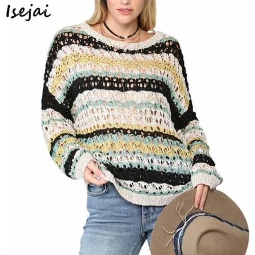 Hollow Out Knitted Sweater Women Color Striped Stitching Sweater Beach Pullover WomanKnitwear