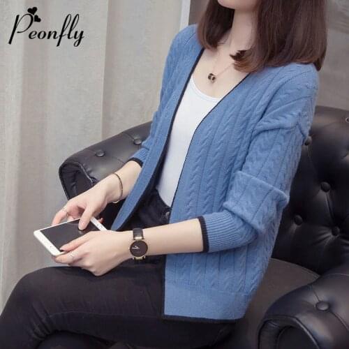 PEONFLY Knitted Cardigan Women 2020 Autumn Long Sleeve V Neck Womens Sweater Cardigan Female Open Stitch Pull Femme Blue