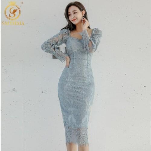 SMTHMA Women Eleagnt Slim Waist Lace Dress Long Sleeve Square Collar Female Office Ladies Mid-Length Vestidos