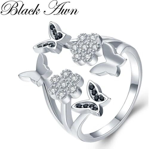 2020 New Cute 4.1g 925 Sterling Silver Fine Jewelry Butterfly Black Spinel Engagement Open Rings for Women G028