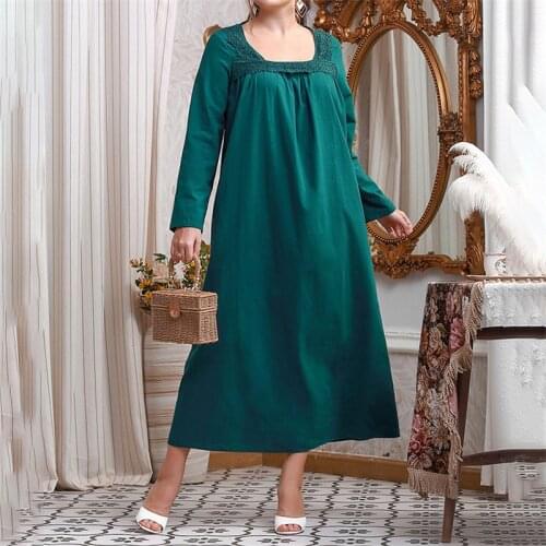 Loose Oversized Plus Size Dress Women Autumn Lace Square Collar Long Sleeve Solid Casual Dress Green Big Size Long Dresses