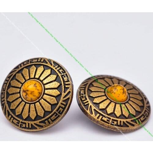 10pcs 25mm Brass Sun Flower Carved Yellow Turquoise Leathercraft Accessories Hardware Saddle Belt Hat Band Conchos Screw back