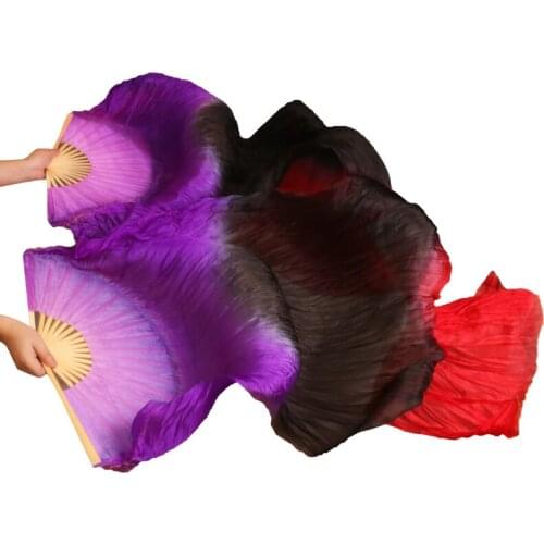 100% Silk High Quality Dance Fans 1 Pair Left+Right hand Belly Dancing Fans Handmade Dyed Silk Dance Props Fans Purple+Black+Red