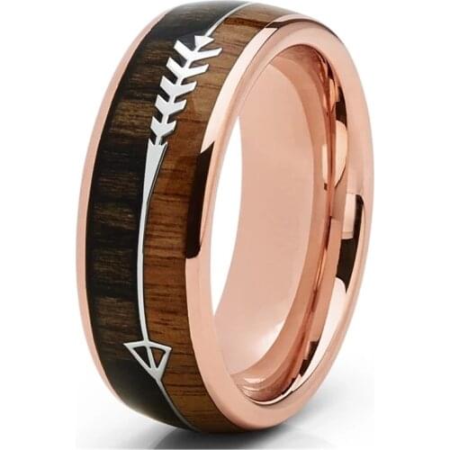 8MM Men Rings Stainless Steel Wood Inlay Arrow Wedding Band Charms Finger Ring For Men Jewelry Party Gift Accessories
